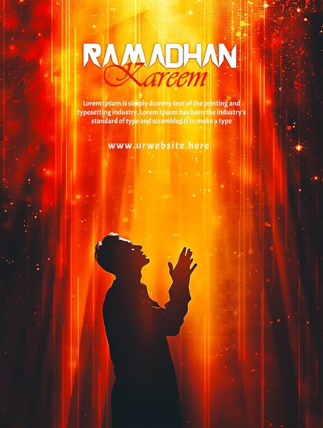 Ramadan kareem poster template with praying silhouette of a muslim man surrounded by light