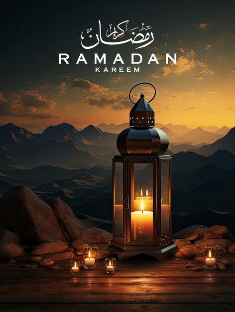 Modello di poster di ramadan kareem con poster fotografico di ramadhan smoth ultra realistico