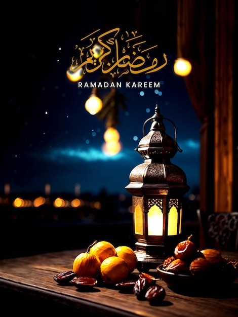 Poster del ramadan kareem con una lanterna araba su un tavolo con le date