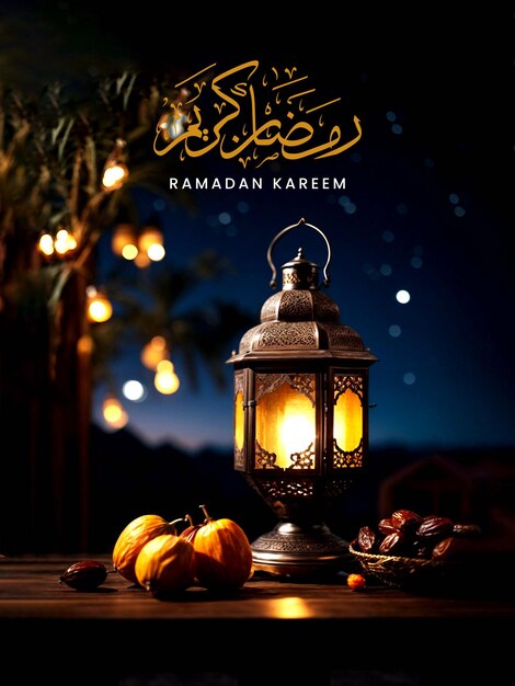 PSD poster del ramadan kareem con lanterne arabe dati su un tavolo con un bellissimo cielo notturno