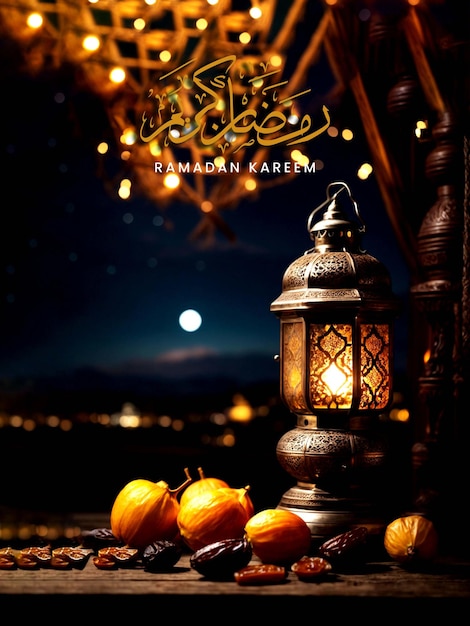 Ramadan kareem poster with arabic lanterns dates on a table with a beautiful night sky