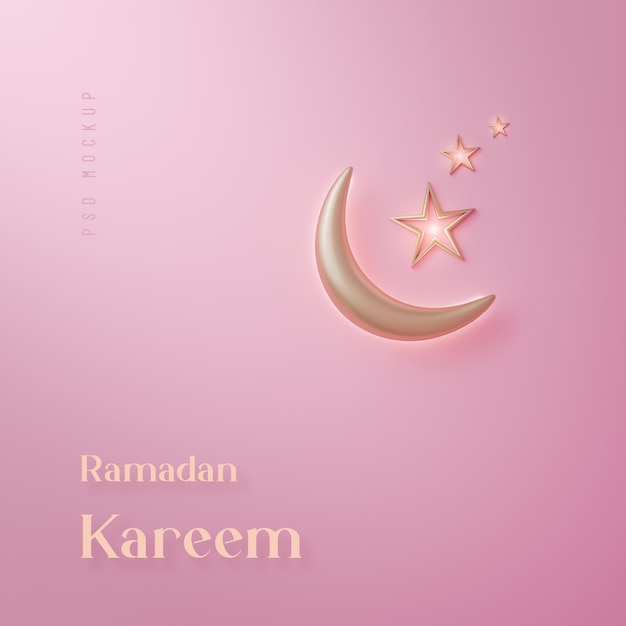 PSD ramadan kareem realistic islamic crescent moon decoration pink gold background 3d render