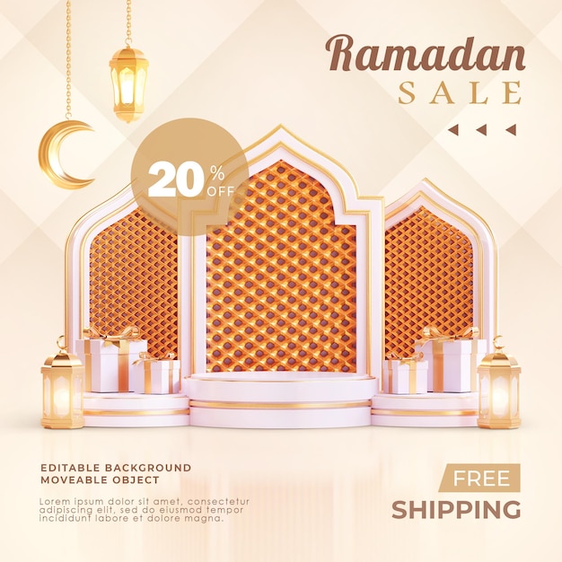 Modello di banner di vendita ramadan kareem 3d podio lanterna araba islamica crescent moon white