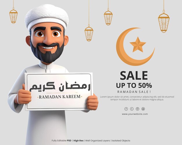 PSD ramadan kareem sale template with 3d rendering cartoon character holding sale sign