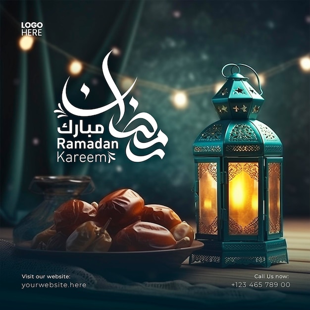 PSD ramadan kareem social banner template with crescent and islamic lanterns