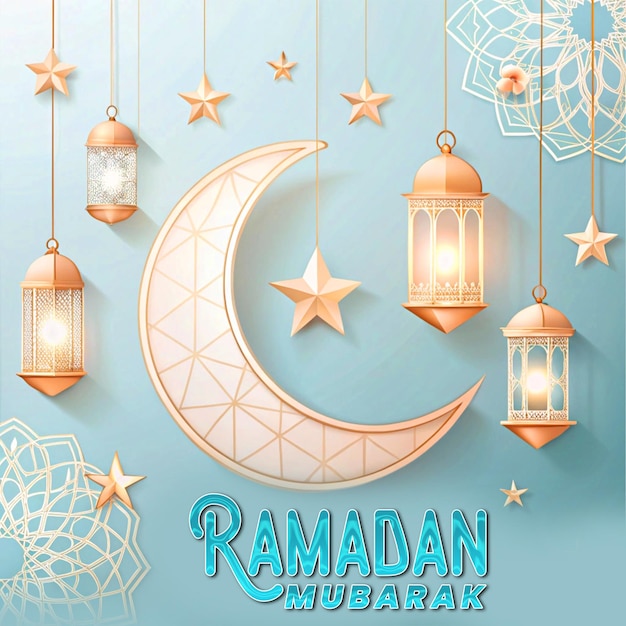 Ramadan Kareem social media kwadratowy szablon projektu baneru z księżycem i latarnią