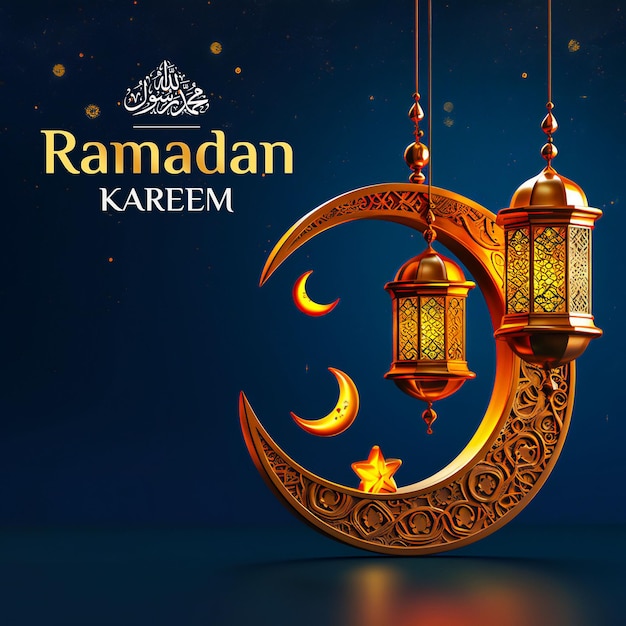 PSD ramadan kareem social media post template banner met 3d render lantaarns en maan
