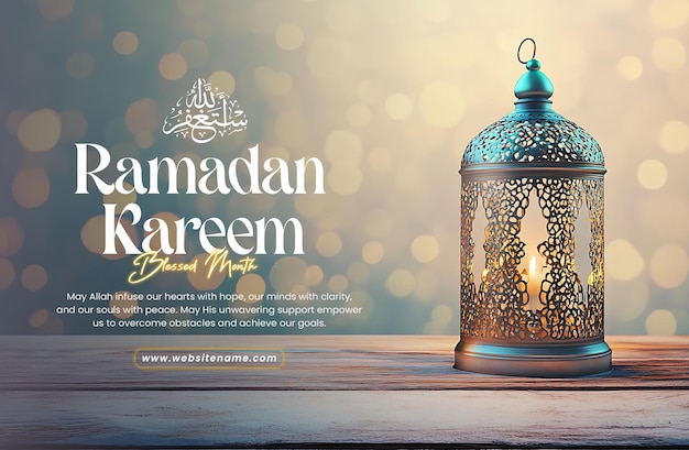Ramadan Kareem social media with Ornate Ramadan Lantern on Rustic Wooden Table