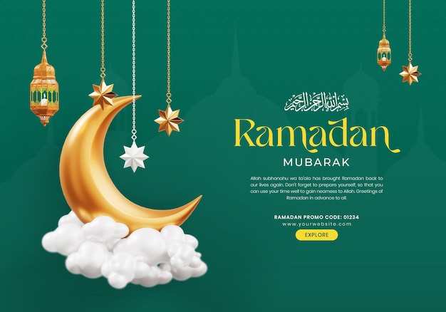 ramadan kareem social post banner template with crescent moon and stars