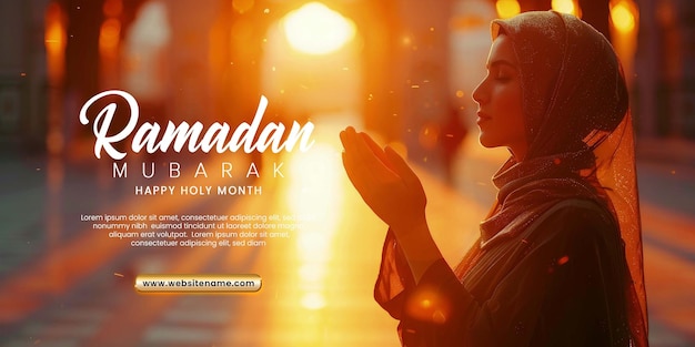 Ramadan kareem sociale media sjabloon met een moslim jonge vrouw gebed met hijab achter de moskee