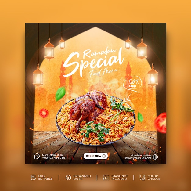 Ramadan Kareem Speciaal voedselmenu social media postsjabloon Psd