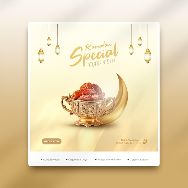 Ramadan kareem speciaal voedselmenu social media postsjabloon psd