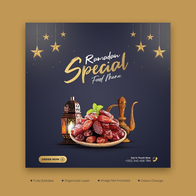 Ramadan kareem speciaal voedselmenu social media postsjabloon psd