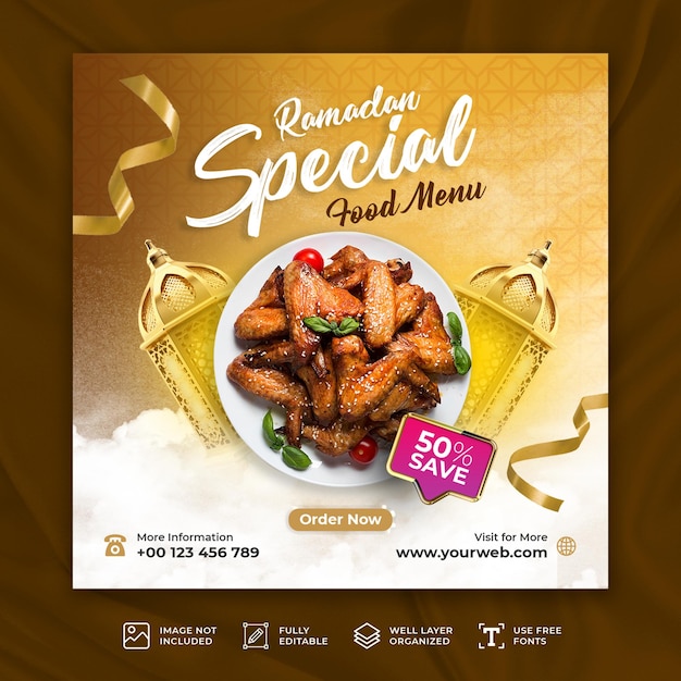 PSD menu alimentare speciale di ramadan kareem disegno di social media o modello di post su instagram