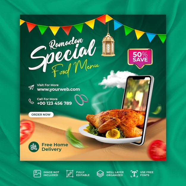 PSD ramadan kareem specjalne menu żywności projektowanie mediów społecznościowych lub szablon postów na instagramie