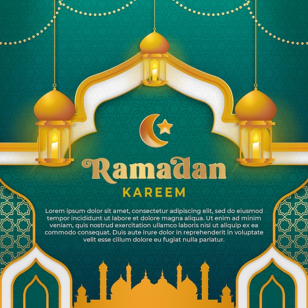 Sfondo quadrato ramadan kareem in colore verde e oro di lusso