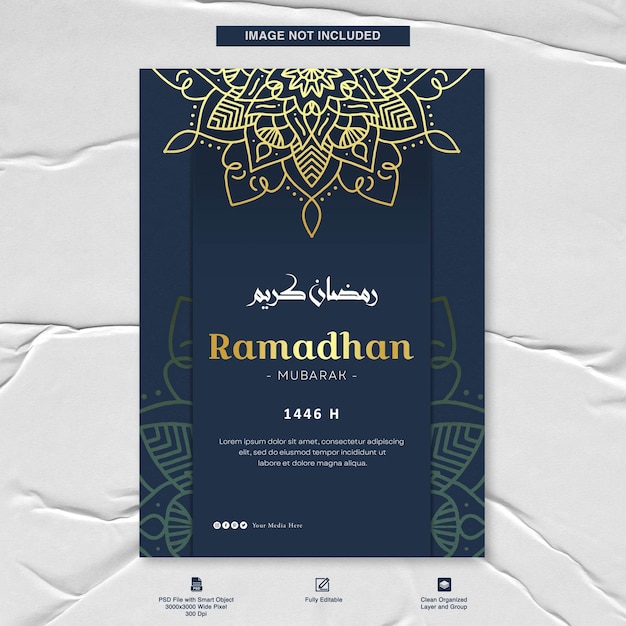 ramadan kareem template for flyer poster design with gold mandala background