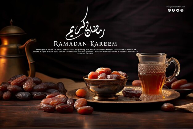 PSD ramadan kareem with a dates background on a plate with a night in the desert