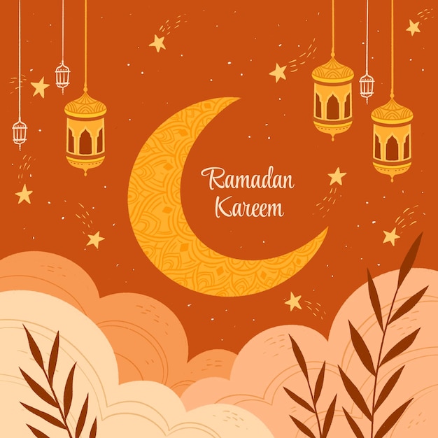 ramadan kareem with golden moon and islamic lantern