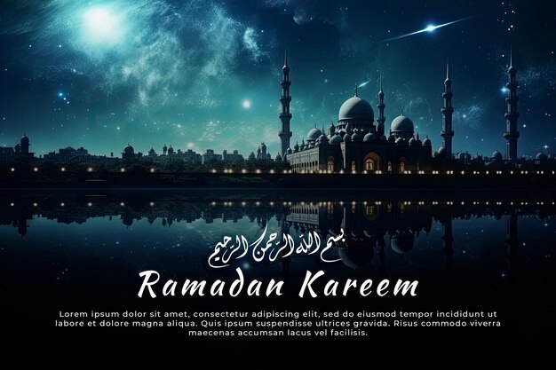 PSD ramadan kareem with a very beautiful and majestic mosque background at night