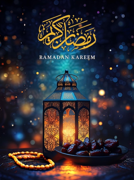 Ramadan Kareem z latarnią i islamskim tłem