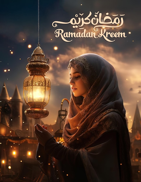 Ramadan Kareem z latarnią i islamskim tłem