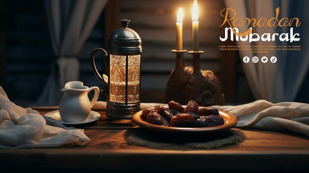 PSD ramadan lantern with arabian lamp wood rosary dates fruit and lag ramadan food and drinks concept