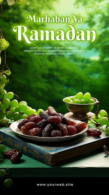 PSD ramadan media social post template with dates rosary and holy quran on fresh green background