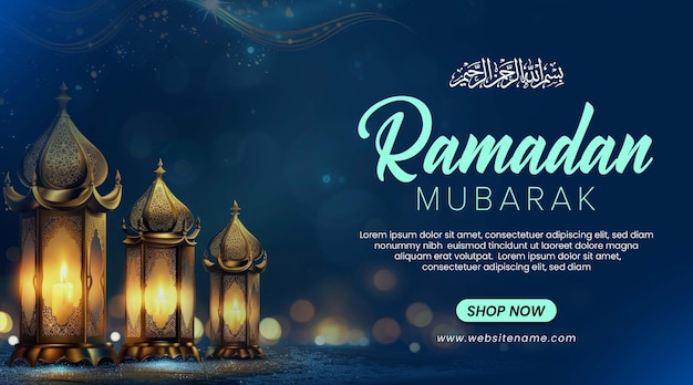 Ramadan mubarak banner sjabloon met lantaarn en bokeh donkerblauwe achtergrond