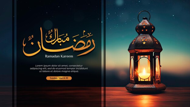 PSD modello di striscione di ramadan mubarak con lanterna araba con luce incandescente candela bruciante nel cielo notturno