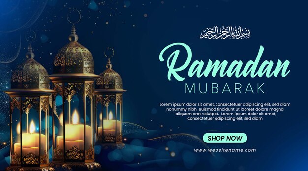 Modello di striscione di ramadan mubarak con lanterna e sfondo blu scuro bokeh