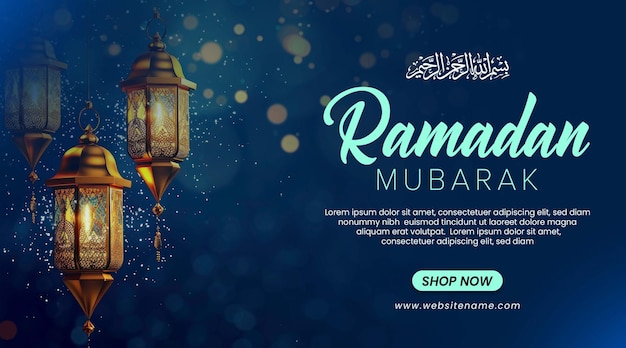 Modello di striscione di ramadan mubarak con lanterna e sfondo blu scuro bokeh