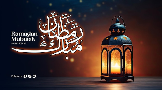 PSD ramadan mubarak banner template with moon and arabian lantern with blue sky at night with abstract