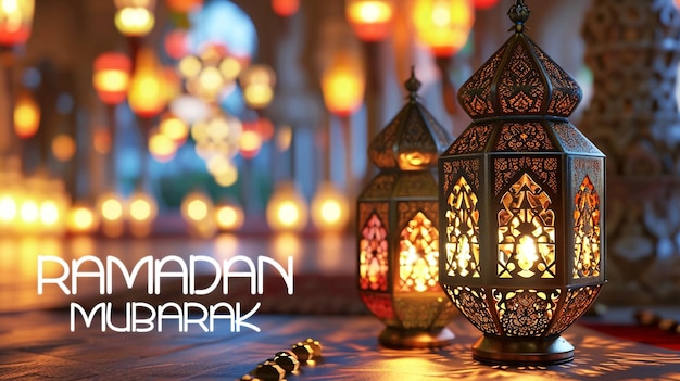 PSD ramadan mubarak banner template with traditional islamic lamps and elegant background