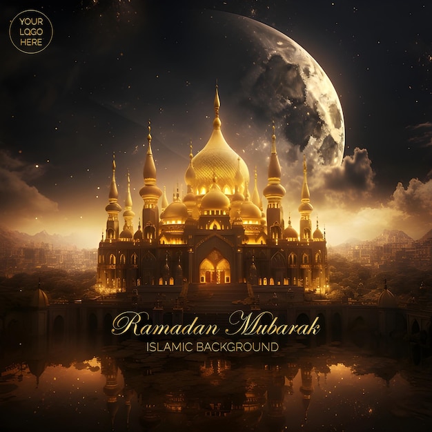 PSD ramadan mubarak beautiful post with golden mosque editable psd format