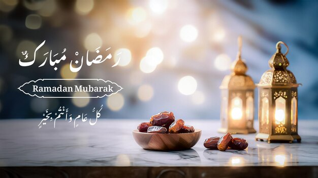 PSD ramadan mubarak greeting banner dates and lantern breaking fast