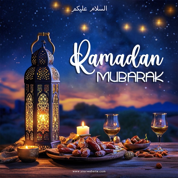 PSD Дизайн баннера исламского праздника рамадан мубарак с традиционными лампами и предметами ифтара