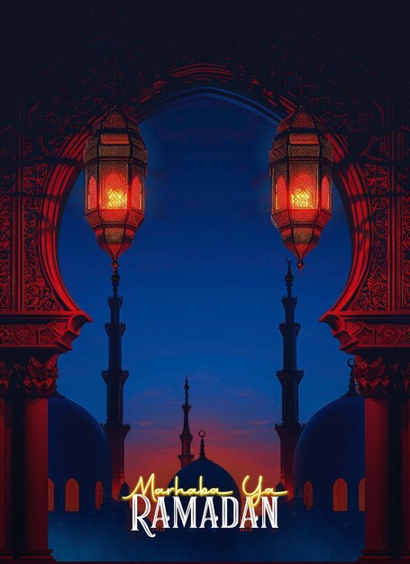 PSD ramadan mubarak poster template with big lantern and mosque