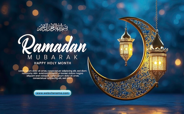 Ramadan mubarak sjabloon met blauwe halve maan met realistische ramadan lamp of lantaarn