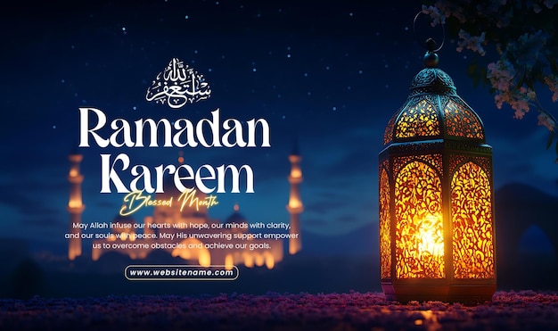 Ramadan Mubarak sjabloon met verlichte lantaarn's nachts voor een moskee