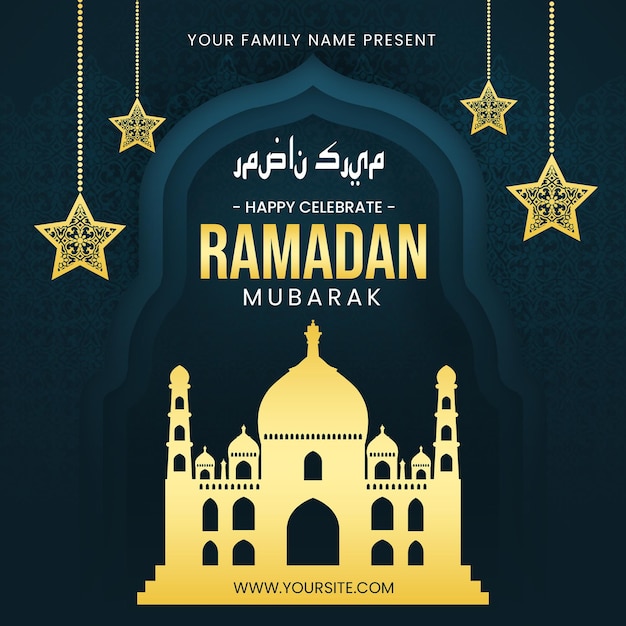 Flyer quadrato di ramadan mubarak con moschea d'oro