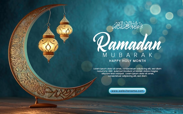 PSD template di ramadan mubarak con luna blu crescente con lampada o lanterna ramadanica realistica