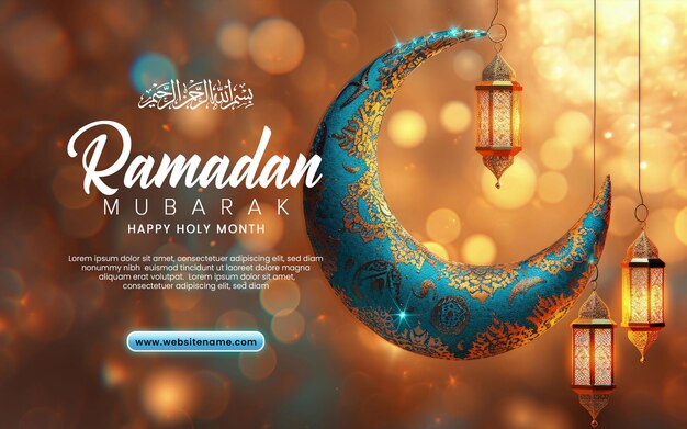PSD Шаблон рамадана мубарака с синей луной с реалистичным рамаданским лампочкой или фонарем