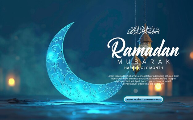 현실적인 라마단 램프 또는 등불을 가진 파란 달의 반달과 함께 라마단 무바라크 템플릿
