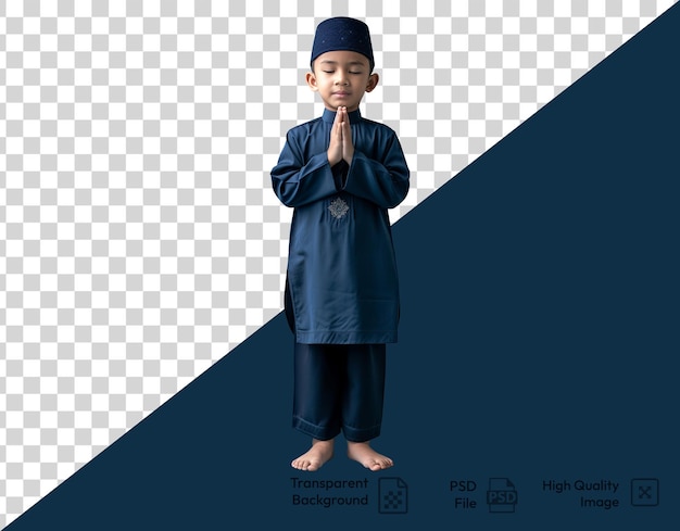 PSD ramadan muslim little boy is standing praying on transparent background