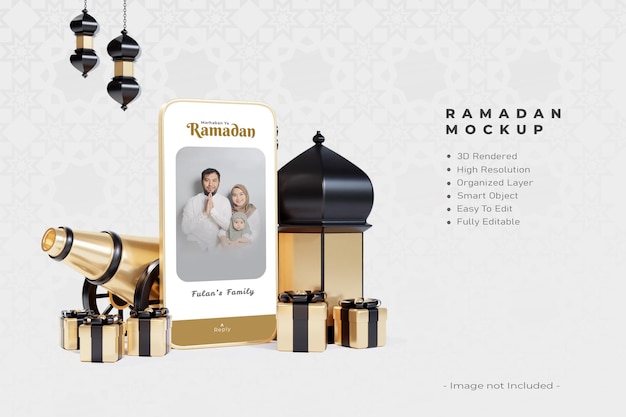 Mockup di telefono ramadan con illustrazione 3d