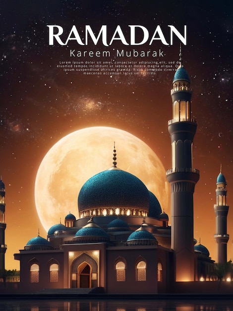 Ramadan poster met een prachtige moskee achtergrond met een prachtige nachtelijke hemel met sterren