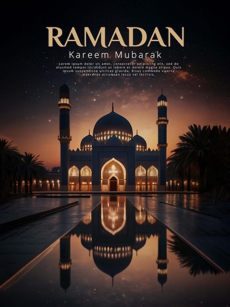 Ramadan poster met een prachtige moskee achtergrond met een prachtige nachtelijke hemel met sterren