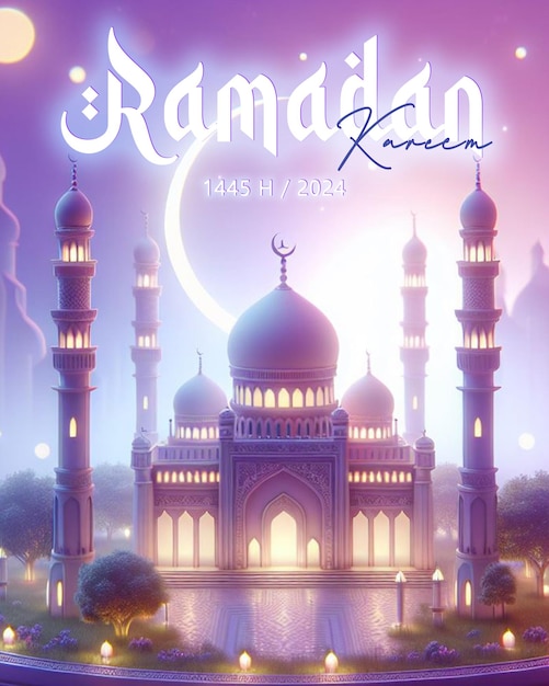 PSD ramadan poster met moskee pastel paarse achtergrond