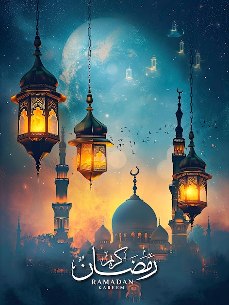Ramadan poster sjabloon en social media post met realistische moskee en lantaarn achtergrond.